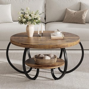 Round Coffee Table 30" Center Table, 2-Tier Coffee Table with Adjustable Feet, Living Room Tables with Storage Shelf and Designed Wood Grain - 1 of 4
