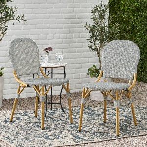 Outdoor PE Rattan and Aluminum Armless French Bistro Chairs, Set of 2, Gray and Bamboo Finish - 1 of 4