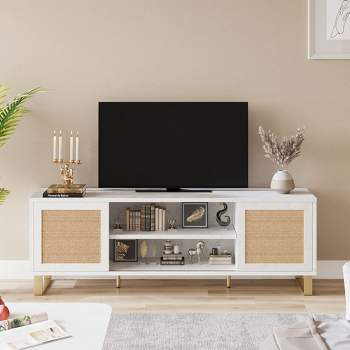 Rattan TV Stand for 65 Inch TV, White Entertainment Center Modern TV Console Table, Low TV Stand with Storage, Doors and Shelves