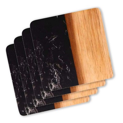 Slickblue Set of 4 Marble & Acacia Coaster, 4" Round/Square, White/Black with Padded Feet, Stylish Gift