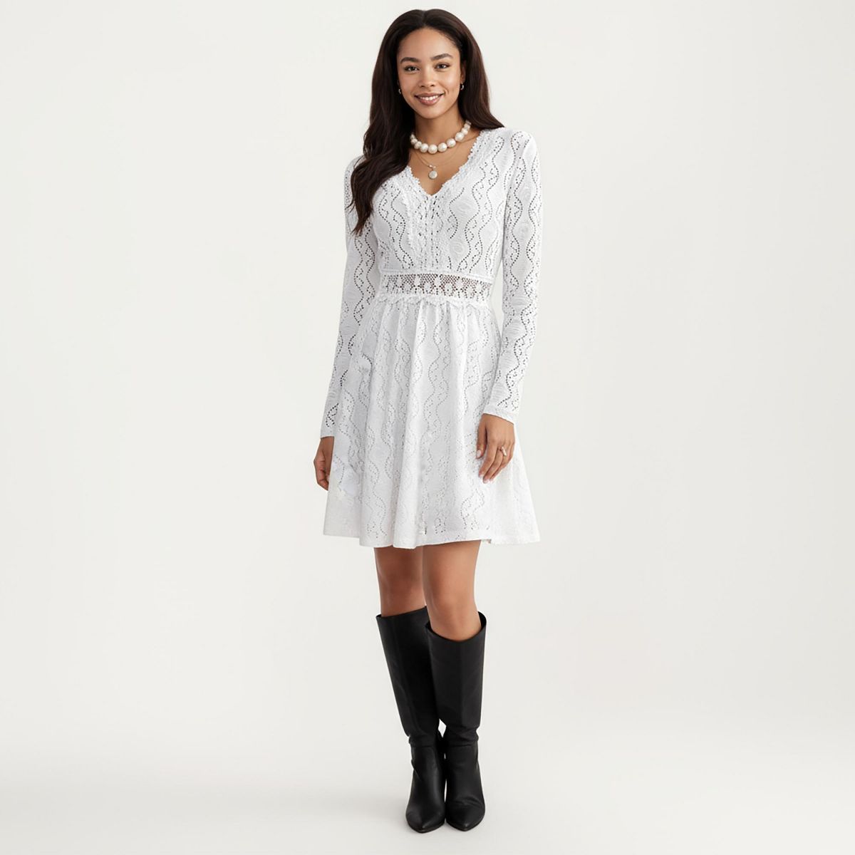 Anna-Kaci Women's Long Sleeve Lace Mini Dress with V-Neckline and Sheer Waist Detail - thumbnail 2