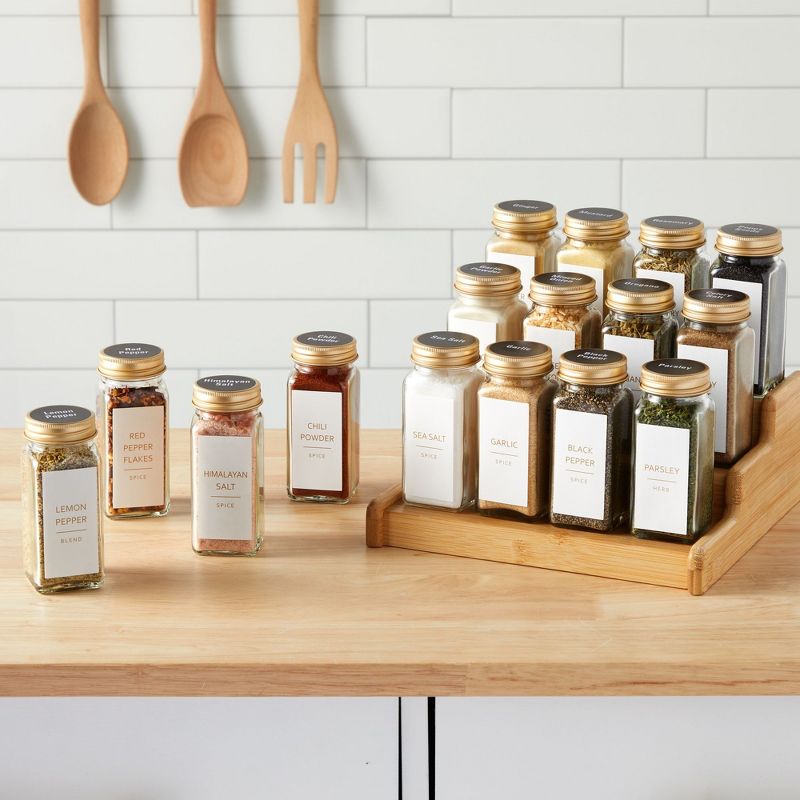 Talented Kitchen 24 Pack Glass Spice Bottles with 284 Preprinted Label Stickers, 4 oz Empty Square Seasoning Jars with Shaker Lids & Gold Caps, 2 of 10