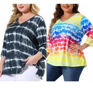 Women's Plus Size 2 Pieces Tie Dye Side Slit 3/4 Sleeve V Neck Casual Stripe Blouse - Agnes Orinda - 1 of 4