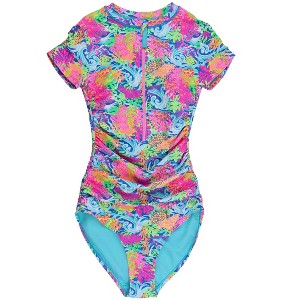 RuffleButts UPF50+ Women's Quarter Zip Short Sleeve One Piece Rash Guard Swimsuit - 1 of 2