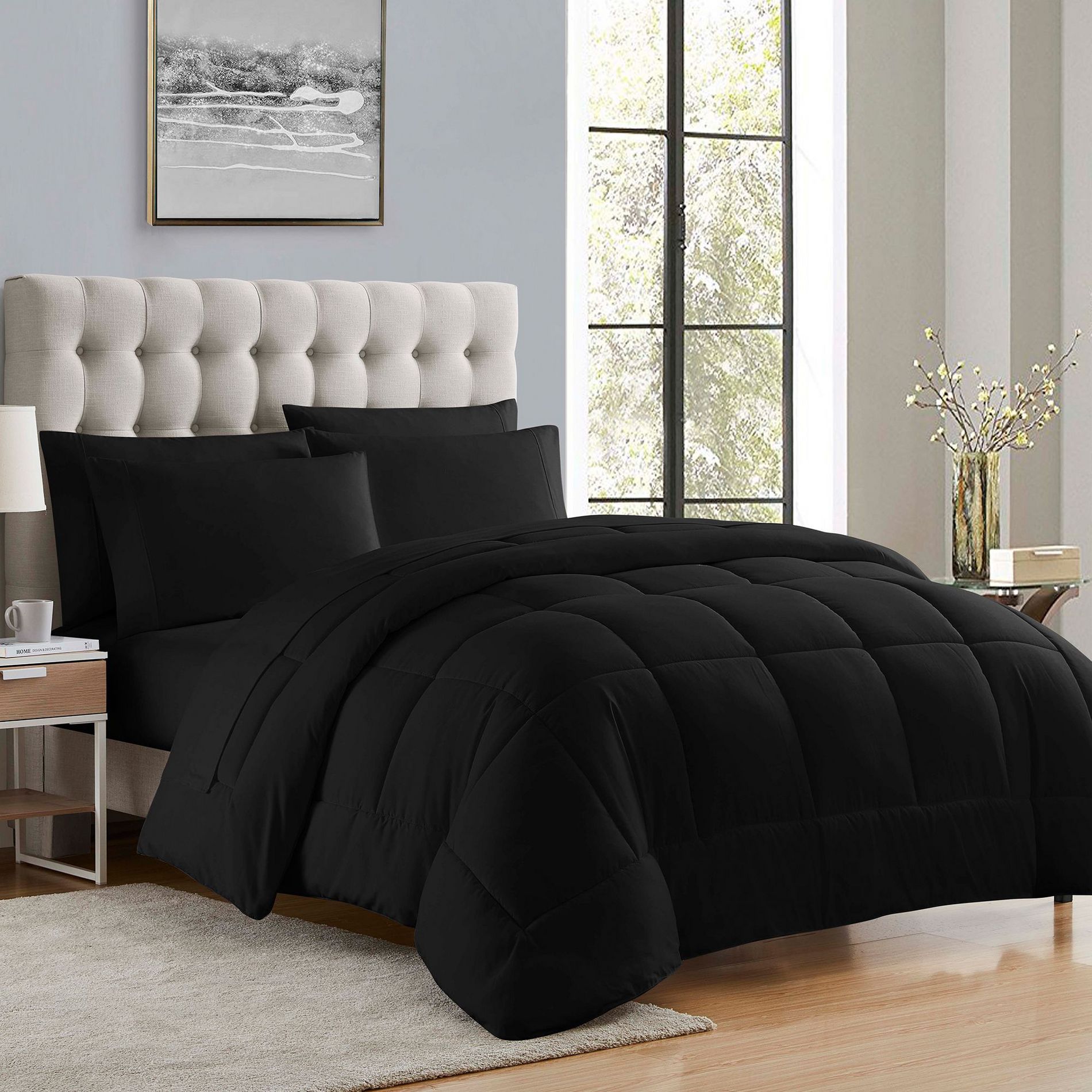 Bed-in-A-Bag Solid Color Comforter & Sheet Set Soft All Season Bedding, Queen, Black