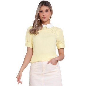 INSPIRE CHIC Women's Vintage Peter Pan Collar Contrast Puff Short Sleeve Blouse - 1 of 4