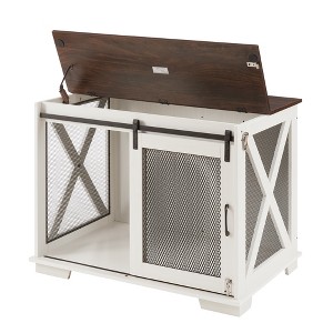 Racxily Farmhouse Dog Cage Crate Furniture with Sliding Barn Door, Wooden Dogs Kennel End Table w/ Flip-top Plate Dog House, Detachable Divide - 1 of 4