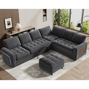 Dyonery 7 Seat L Shaped Sleeper Sofa Bed with Pull Out Bed, USB Ports, LED Light, Reclining Backrest, Side Table & Ottoman, Chenille Couch - 1 of 4