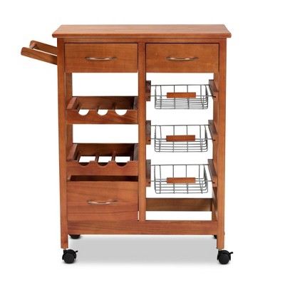 Crayton Oak Brown and Silver Mobile Kitchen Cart with Wine Storage