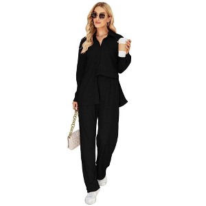 Women Two Piece Casual Outfits Y2K Loungewear Pleated Wide Leg Pants Long Sleeve Button Down Shirt Streetwear Set - 1 of 4
