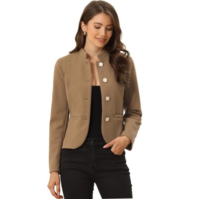 Allegra K Women's Stand Collar Zip Up Faux Suede Cropped Jacket Brown Small