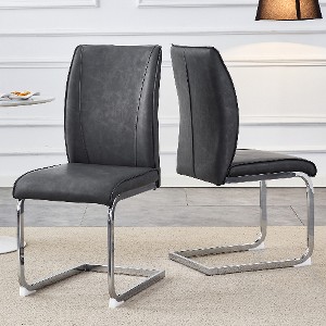 Lyngins Luxury Dining Chair Set of 4, Crazy Horse Leather Texture PU Armless Chair with Arched Silver Metal Legs, Ergonomic Back Kitchen Chair - 1 of 4
