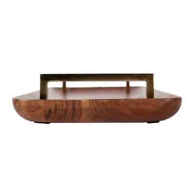 Walnut Brown Acacia Wood Rectangular Serving Tray with Gold Handles
