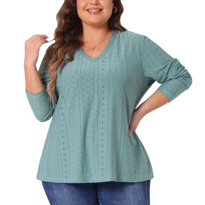 Agnes Orinda Women's Plus Size Long Sleeve Hollow Out V Neck Blouse