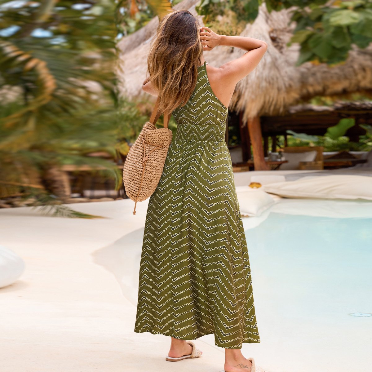 Женские платья Cupshe Women's Bohemian Chevron Print Maxi Beach Dress-S-Green — фото 4