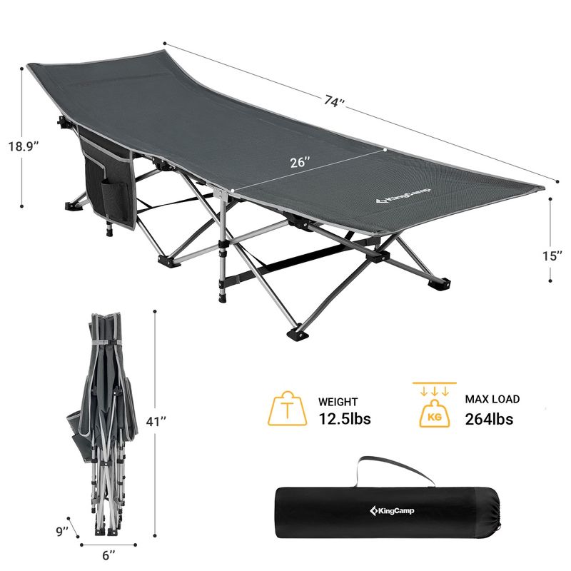 KingCamp Folding Portable Lightweight Outdoor Camping Travel Sleeping Bed Cot with Multi Layer Side Pocket, Carrying Bag, and Anti Slip Feet, Grey, 5 of 8