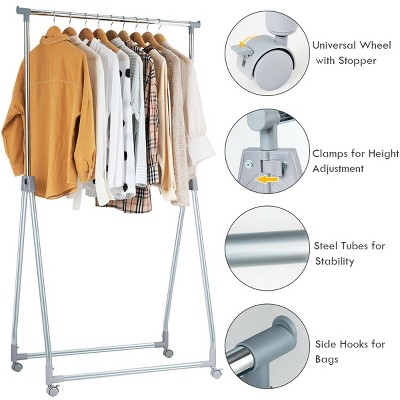 Silver Adjustable Foldable Metal Garment Rack with Wheels