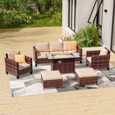 Sonkuki 6 Pieces Patio Sofa with Rectangle Fire Pit Table and Ottomans, Wicker Conversation Couch, Navy Blue Cushion