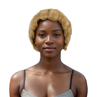 Unique Bargains Women's Wave Curly Short Hair Wig 150 Real Human Hair 4in Yellow 1 Pc
