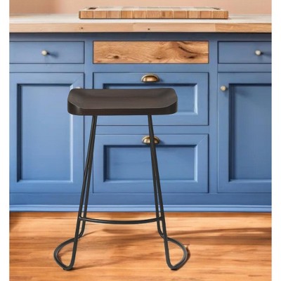 26" Dark Brown and Black Backless Wood Metal Counter Stool