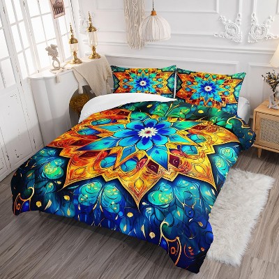 Acoinel 3 Pcs Vibrant Mandala Comforter Set with 2 Pillowcases, Green