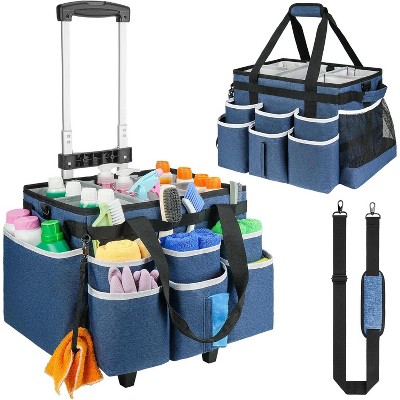 Large Rolling Cleaning Caddy Bag with Detachable Trolley, Cleaning Cart on Wheels with Shoulder Strap for Cleaning Supplies