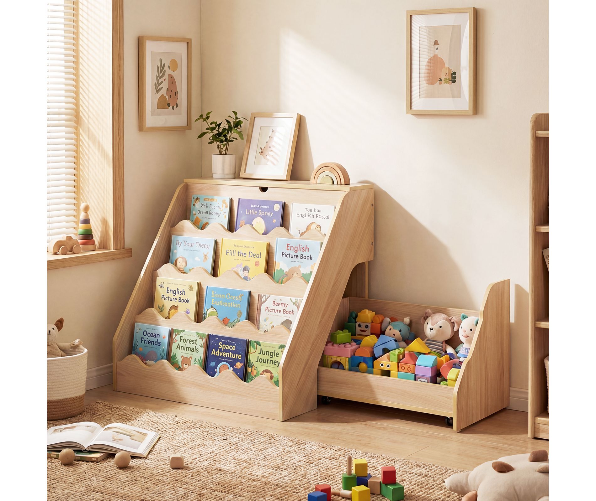 Costway Kids’ Bookshelf & Toy Storage Organizer with Rolling Drawer Cart, 4 Tier Book Shelf Natural/White