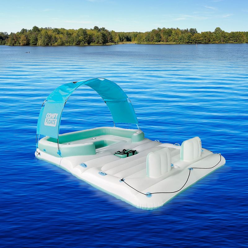 Comfy Floats 91464VM 13 Foot Misting Party Platform Inflatable Summer Float for Pool, Lake, River Fits 6 People, White/Aqua Blue, 5 of 7