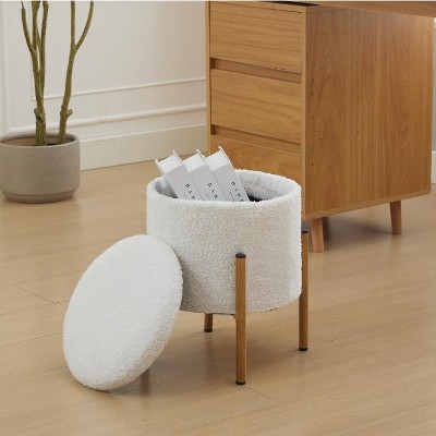MYINDA Modern Round Storage Ottoman, Metal Base, Removable Lid Storage Ottoman for Living Room, Bedroom, Makeup Room,White