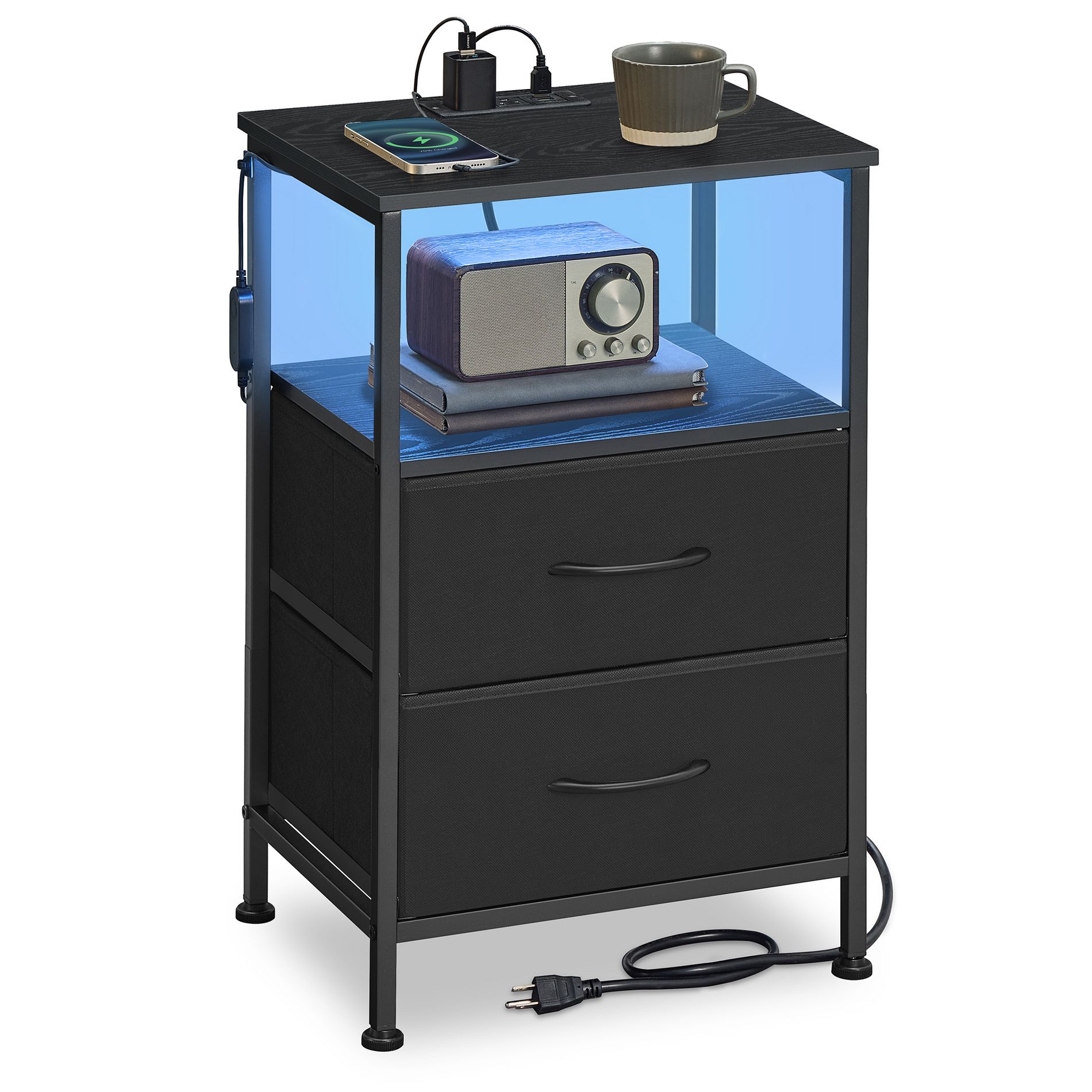 SONGMICS BELLAH Collection - Nightstand with Charging Station, App-Controlled Adjustable LED Lights, 2 Drawer, 1 Open Shelf, Ink Black and Ebony Black