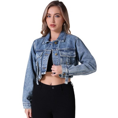 INSPIRE CHIC Women's Crop Turndown Collar Button Down Cargo Pockets Denim Jacket