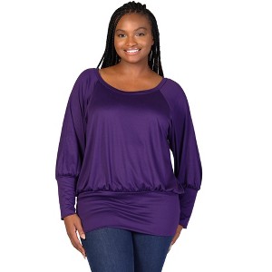24seven Comfort Apparel Plus Size Round Neck Long Blouson Sleeve Banded Bottom Top - 1 of 4