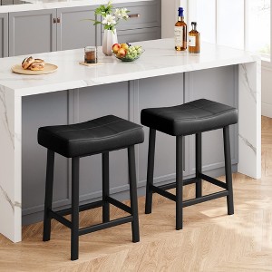 24 Inch Counter Height Bar Stools Set of 2 - Upholstered PU Leather Saddle Stools for Kitchen Island and Dining Counter - 1 of 4
