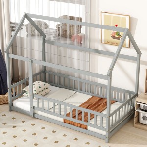 NicBex Twin/Full Size House Bed Frame,Toddler Floor Platform Bed with Roof Frame and Guardrails,Montessori Floor Bed for Kids,Adults,Teens - 1 of 4
