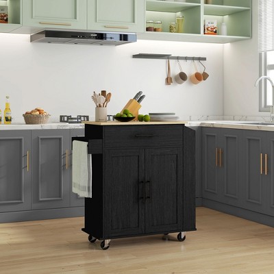 Black Wood Kitchen Cart with Spice Rack and Storage