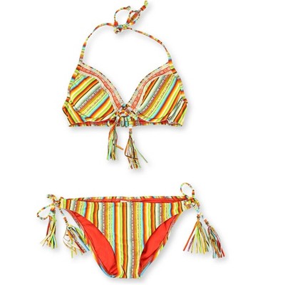 Lucky Brand Womens Striped Crochet Side Tie 2 Piece Tankini