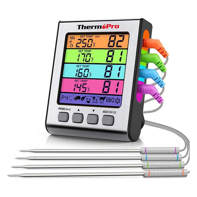 ThermoPro TP17HW 4 Probe Digital Meat Thermometer with Timer Mode and HIGH/LOW Alarms Grill Smoker Thermometer with Large Color Coded LCD Display and Backlight., 1 of 9
