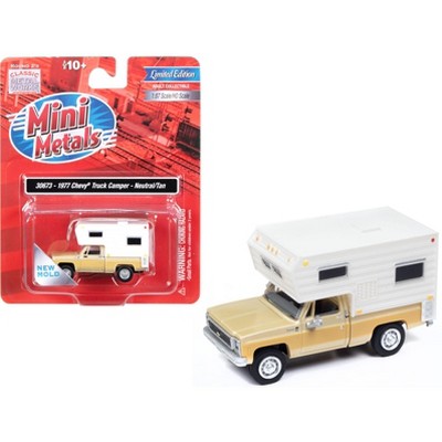 1977 Chevrolet Fleetside Truck with Camper Beige Met and Tan "Mini Metals" 1/87 (HO) Scale Model Car by Classic Metal Works