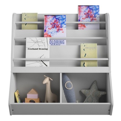 Image of RealRooms Jocelyn Kids Book and Toy Storage with 3 Shelves and 2 Open Compartments, Dove Gray