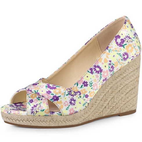 Allegra K Women's Peep Toe Platform Pumps Floral Espadrille Wedge Sandals  Purple 6