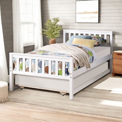 NicBex Twin Bed with Trundle,Wood Platform Bed Frame with Headboard and Footboard for Small Living Space
