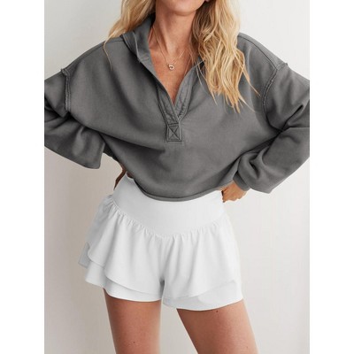 Women Hooded Long Sleeve Relaxed Fit Casual Cropped Drop Shoulder Sweatshirt