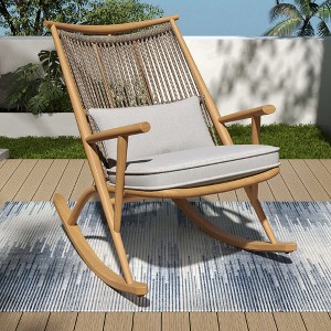 Outdoor Rocking Chair – Sturdy Iron Frame in Maple Finish, Gray PE Rattan Backrest & Light Gray Cushion - 1 of 4
