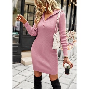 WhizMax Women's Fall Long Sleeve Knit Sweater Dress Casual V Neck Button Slim Fit Bodycon Midi Dresses - 1 of 4