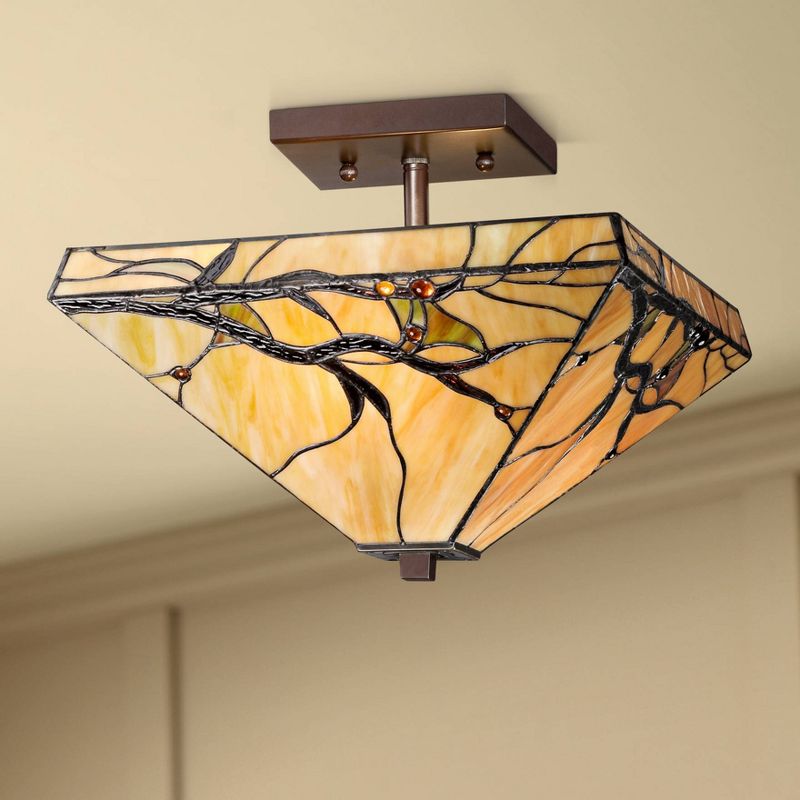 Robert Louis Tiffany Mission Rustic Ceiling Light Semi Flush Mount Fixture 14" Wide Bronze 2-Light Budding Branch Art Glass Shade for Bedroom Kitchen, 2 of 10