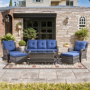 Gymojoy 7 Piece Outdoor Wicker Sofa with Patio Chairs with Coffee Table and Ottoman Sets - 1 of 4