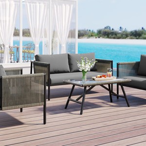 Outdoor Sectional Sofa Set, 4 Pcs Rope Sofa Set with Thick Cushions and Toughened Glass Table, All-Weather Sofa Set for 4 People-Coolbibila - 1 of 4