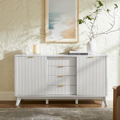 Fluted Dresser with 4 Drawers, 60" Modern Chest with Sliding Doors & Faux Marble Top, Wood Storage Organizer for Bedroom, Living Room