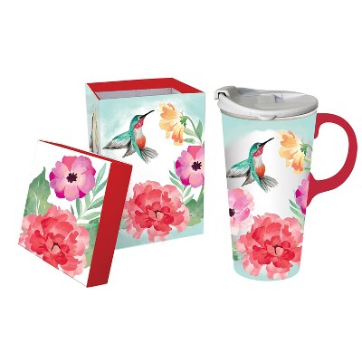 Evergreen Ceramic Travel Cup, 17 OZ. ,w/box, Garden Hummingbird