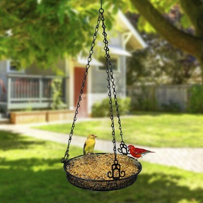 Black Metal Hanging Bird Feeder Tray with Chain